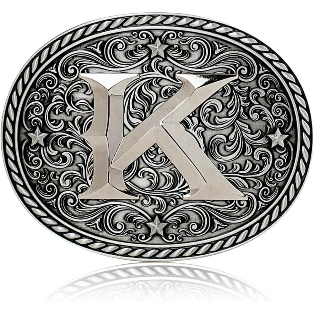 Women's Silver K Cowgirl Initial Large Letter Zinc Alloy Imported Belt Buckles